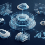An editorial infographic illustration in a futuristic glassmorphism style depicting the Webinkey.com modern multi-niche digital media ecosystem with its central hub connected to technology, automotive, finance, health, education, law, sports, and global travel news nodes.