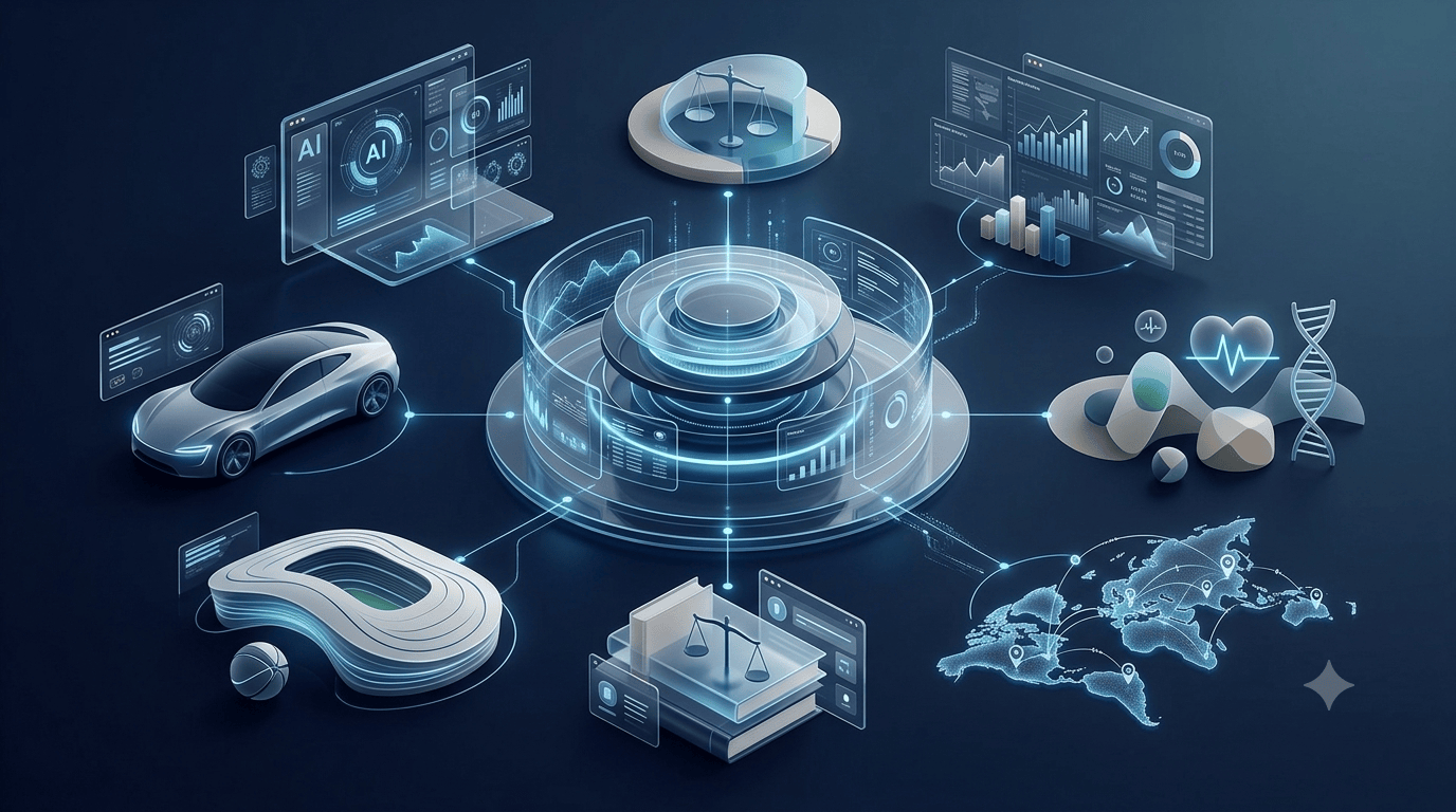 An editorial infographic illustration in a futuristic glassmorphism style depicting the Webinkey.com modern multi-niche digital media ecosystem with its central hub connected to technology, automotive, finance, health, education, law, sports, and global travel news nodes.