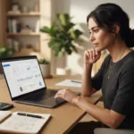 A professional woman sitting at a minimalist wooden desk, reviewing digital marketing performance charts and website analytics on a laptop using webinkey.com.