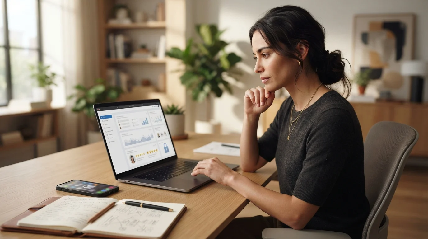 A professional woman sitting at a minimalist wooden desk, reviewing digital marketing performance charts and website analytics on a laptop using webinkey.com.
