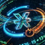 A futuristic 3D digital illustration featuring a glowing multiplication symbol surrounded by orbital streams of math equations, an accuracy meter showing 98.7%, and a stopwatch speed metric.