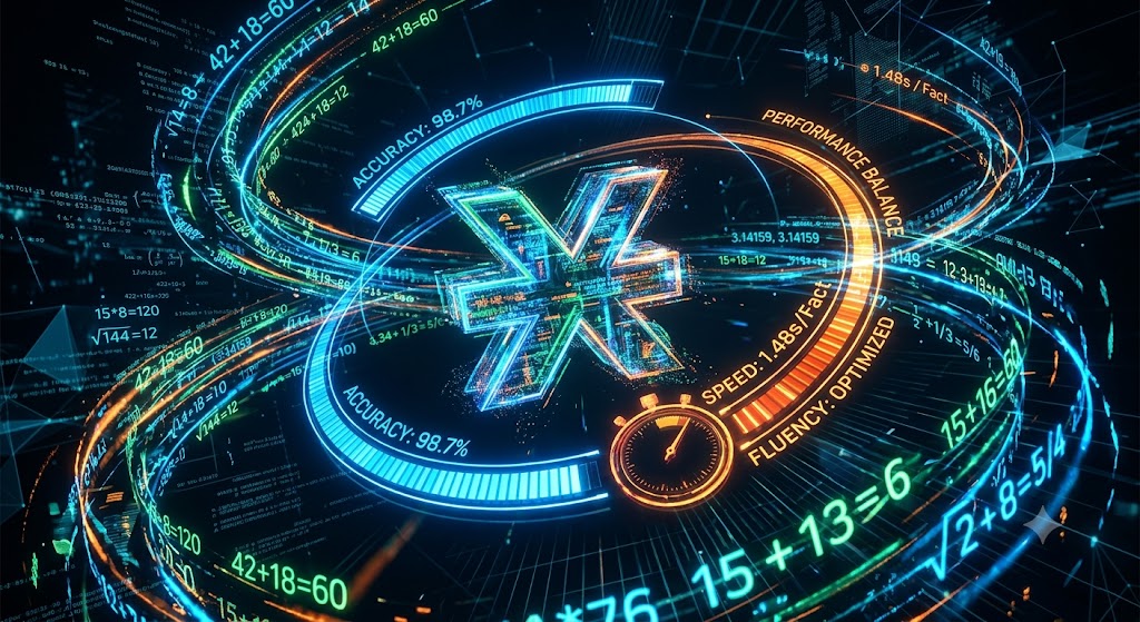 A futuristic 3D digital illustration featuring a glowing multiplication symbol surrounded by orbital streams of math equations, an accuracy meter showing 98.7%, and a stopwatch speed metric.