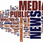 A word cloud featuring keywords related to public communications, media, news, information, social networks, and websites.
