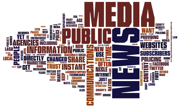 A word cloud featuring keywords related to public communications, media, news, information, social networks, and websites.
